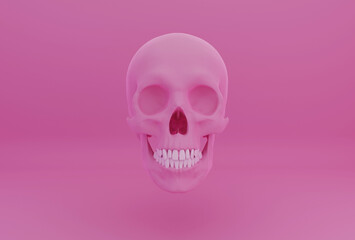 human pink smiling skull on pink background, front view, 3d render