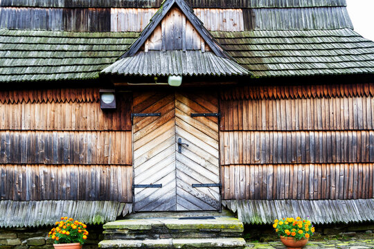 Beautiful ancient wooden greek catholic church listed on UNESCO in Beskid Niski mountain range, Poland