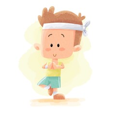 Cute People Young Man Kids doing Sport Gym Fitness Yoga Activity With stretching Watercolor. Suitable For Children Kids Book, Mascot, Character, Cards, Sticker, T-Shirt Design. Cartoon Illustration
