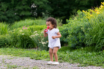 Full length horizontal portrait of pretty mixed-raced toddler girl holding a red wand to her lips preparing to blow soap bubbles in garden alley during a summer afternoon