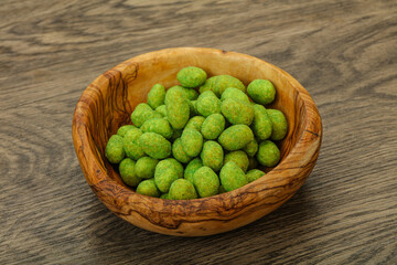 Spicy wasabi peanuts in the bowl