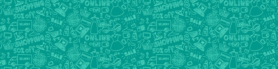 Online shopping seamless web banner. Hand drawn e-commerce objects isolated on green background. Vector illustration.