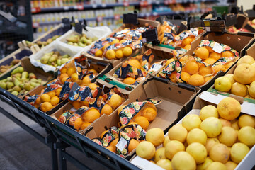 big choice of fresh fruits in supermarket. various fresh and organic vegetables at farmers market