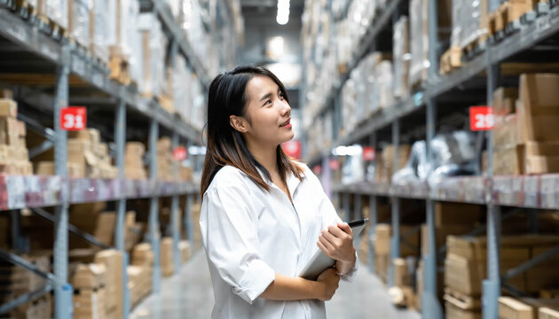 Portrait of Asian young woman enjoying and smile doing checking stock of products in warehouse by using a tablet checking inventory levels , Logistics concept.