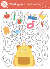 Back to school maze for children. Preschool printable educational activity. Funny puzzle with cute school bag and things. What goes to schoolbag? Autumn game for kids with pupil. .