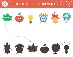 Back to school shadow matching activity for children. School puzzle with cute kawaii objects. Simple educational game for kids. Find the correct silhouette printable worksheet. .
