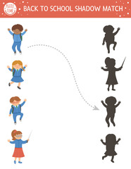 Back to school shadow matching activity for children. School puzzle with cute schoolchildren. Simple educational game for kids. Find correct silhouette printable worksheet with pupils and teacher .