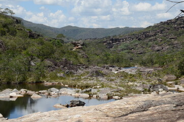 Fototapeta na wymiar River and view in Rio Preto State Park in Minas Gerais at Cachoeira da Semper-Viva (translate to Always-Alive Waterfall, with is the popular name of Actinocephalus polyanthus)
