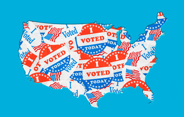 Many voting stickers given to US voters in Presidential election formed in the shape of the USA to illustrate vote rights