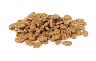 Bread croutons levitate on a white background