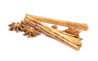 cinnamon stick and star anise spice isolated on white background closeup