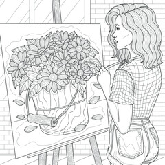 The girl draws a bucket with daisies.Coloring book antistress for children and adults. Illustration isolated on white background.Zen-tangle style.