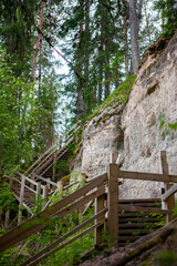 Wooden ladders along rock - Sietiniezis rock, Vaidava, Latvia