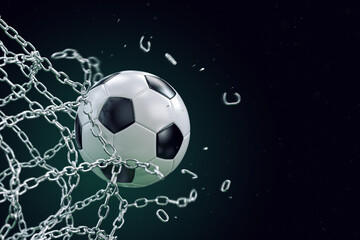 Naklejka premium Soccer ball breaking metal net. Concept of football goal, with ball breaking the metal chain net
