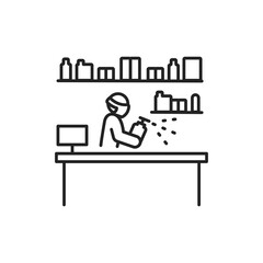 Shop disinfection black line icon. Cleaning service. Worker in protective suit with disinfector sprayer. Pictogram for web, mobile app, promo. UI UX design element.