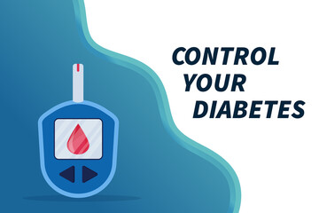 Diabetes flat vector element - blood glucose testing meter in cartoon style. Diabetes equipment banner. Concept of healthcare, prevention, treatment and awareness