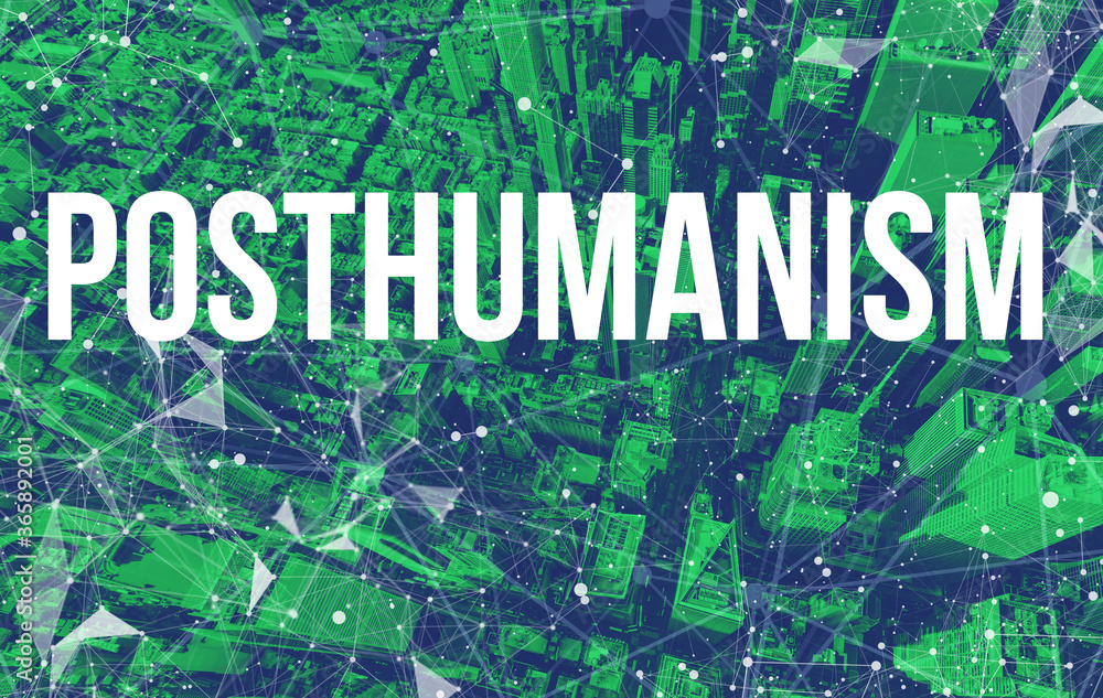 Poster posthumanism theme with abstract network patterns and manhattan ny skyscrapers