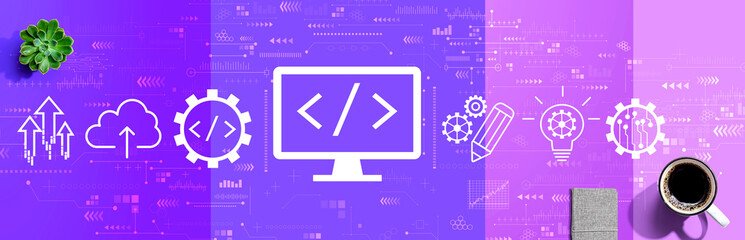 Web development concept with a cup of coffee and a notebook