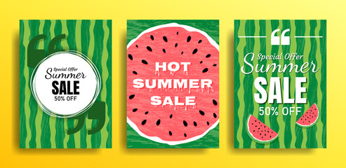 Set of empty templates with summer themes on a watermelon background. Design of advertising banners. Vector illustrations for websites and mobile websites, email design, posters, promotional materials - obrazy, fototapety, plakaty
