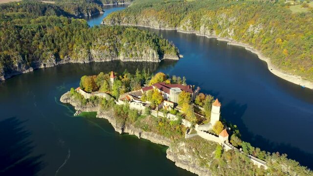 Aerial view of Zvikov castle, Czechia. Zvikov castle at the junction of the Vltava and Otava rivers, South Bohemian Region. Zvikov Castle in south of Bohemia in Czech Republic.