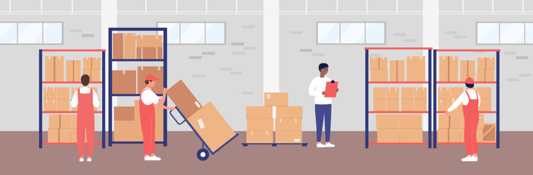 Warehouse control vector illustration. Cartoon flat manager character controlling work of storehouse workers people, loading boxes, packages or containers with goods on shelves in pallets background