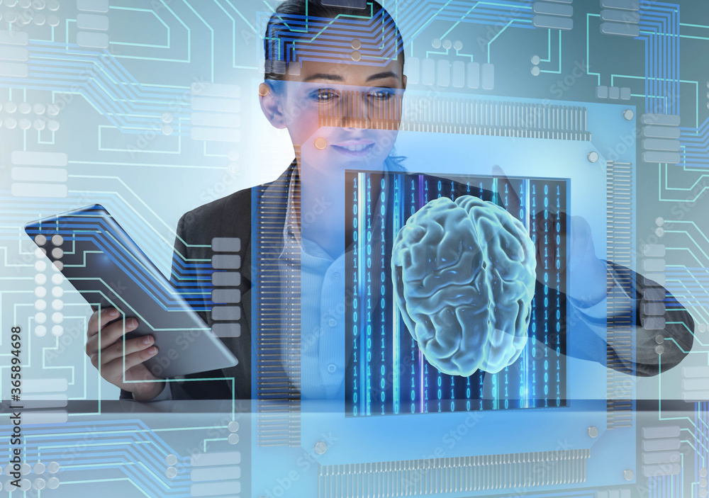 Poster cognitive computive concept with woman pressing buttons