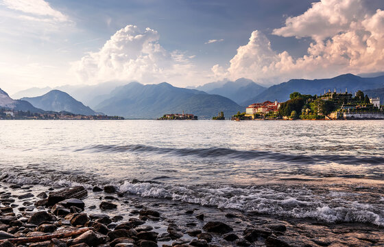 Maggiore lake during sunset. Panorama of Isola Bella on Maggiore lake, Italy.