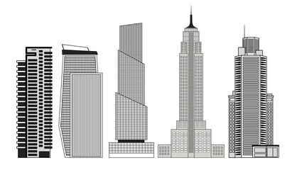 Set of skyscrapers in black and white isolated on white background.