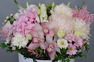 
compositions of fresh flowers in a box