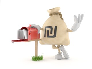 Fototapeta premium Shekel money bag character with mailbox