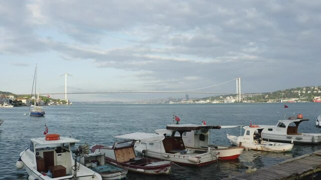 Aerial view of Sailboat and Istanbul Bosphorus Bridge