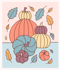 Beautiful autumn pumpkin composition, hand drawn, in pastel colors. Vector illustration