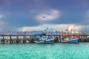 Fishery wooden boats in the sea.