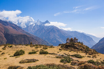 Fototapeta premium Buddhist stupas and Himalayan mountains, Nepal