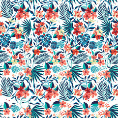 Seamless Tropical Pattern with hibiscus. 