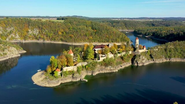Aerial view of Zvikov castle, Czechia. Zvikov castle at the junction of the Vltava and Otava rivers, South Bohemian Region. Zvikov Castle in south of Bohemia in Czech Republic.