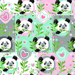 Pink and blue cute bamboo panda bear love seamless patchwork pattern