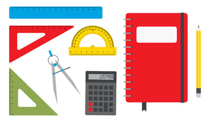 A set of school things, items for drawing. A set of rulers, notebook, pencil, calculator, compasses. Education theme. Flat vector illustration.