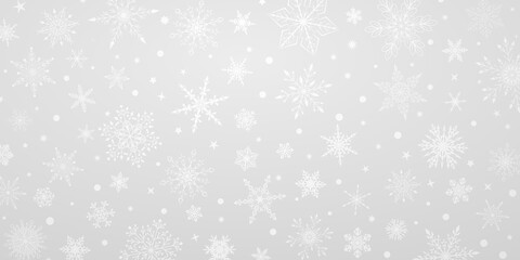 Fototapeta na wymiar Christmas background with various complex big and small snowflakes, in white and gray colors