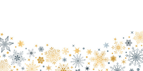 Christmas background with various complex big and small snowflakes, gray and yellow on white
