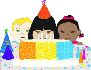 Colorful Birthday Party with a Big Cake and Children
