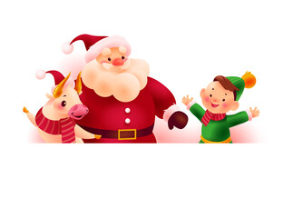 Happy Christmas Santa Claus, bull and little boy characters behind white banner / signboard with space for holiday congratulation isolated on white background. Vector flat illustration.