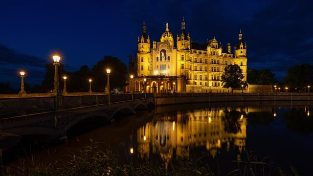 Night time lapse of the famous castle in Schwerin the capital of Mecklenburg-Vorpommern state, Germany