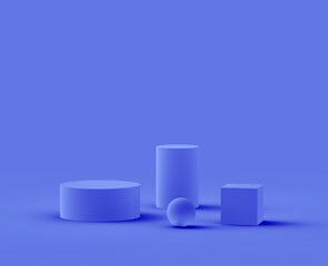 3d royal blue and purple platform minimal studio background. Abstract 3d geometric shape object illustration render.  Display for cosmetics and beauty fashion product.
