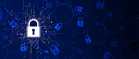 internet digital security technology concept for business background. Lock on circuit board
