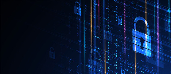 Naklejka premium internet digital security technology concept for business background. Lock on circuit board