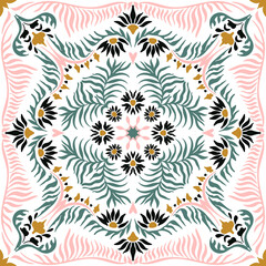 Bandana print. Women's shawl with floral pattern. Mediterranean wallpaper. Portuguese tile azulejo. Turkish ornament. Spanish porcelain. Ceramic dishes. 