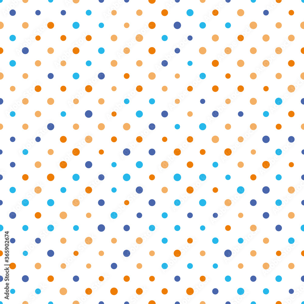 Poster seamless polka dot pattern. orange and blue dots in random sizes on white background. vector illustr