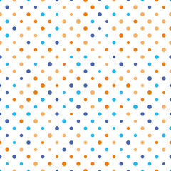 Seamless polka dot pattern. Orange and blue dots in random sizes on white background. Vector illustration