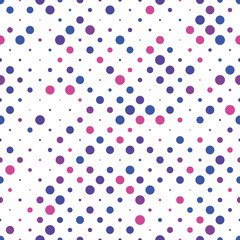 Seamless polka dot pattern. Pink, violet and blue dots in random sizes on white background. Vector illustration